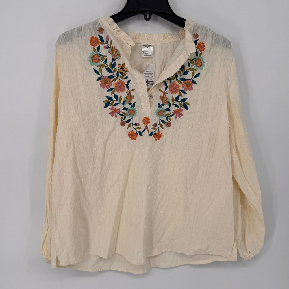 Cracker Barrel Floral Embroidered Blouse Womens S Ivory New Boho Clip Dot Top